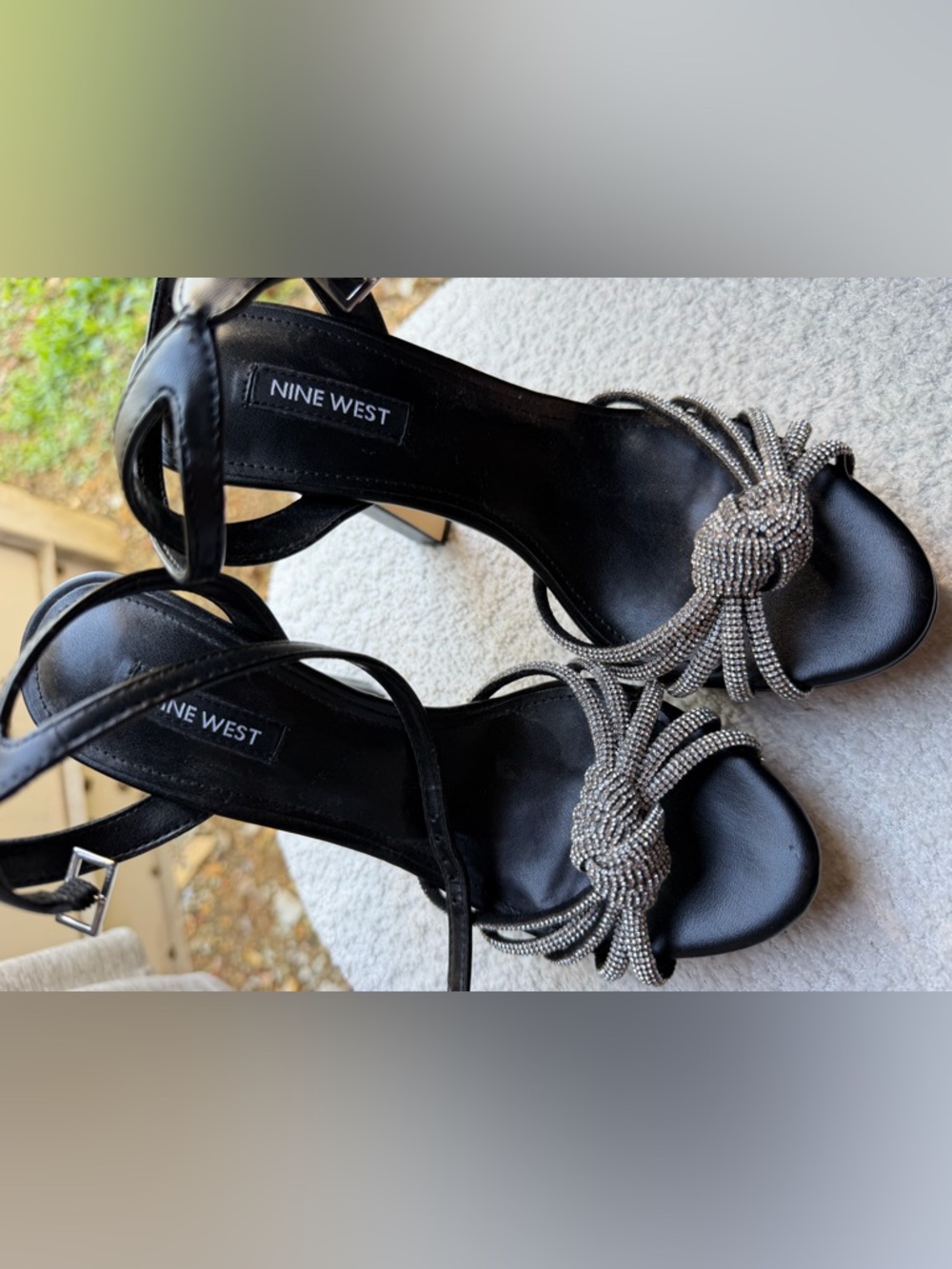 Nine West Black Satin Heels with Silver Rhinestone Knot Detail